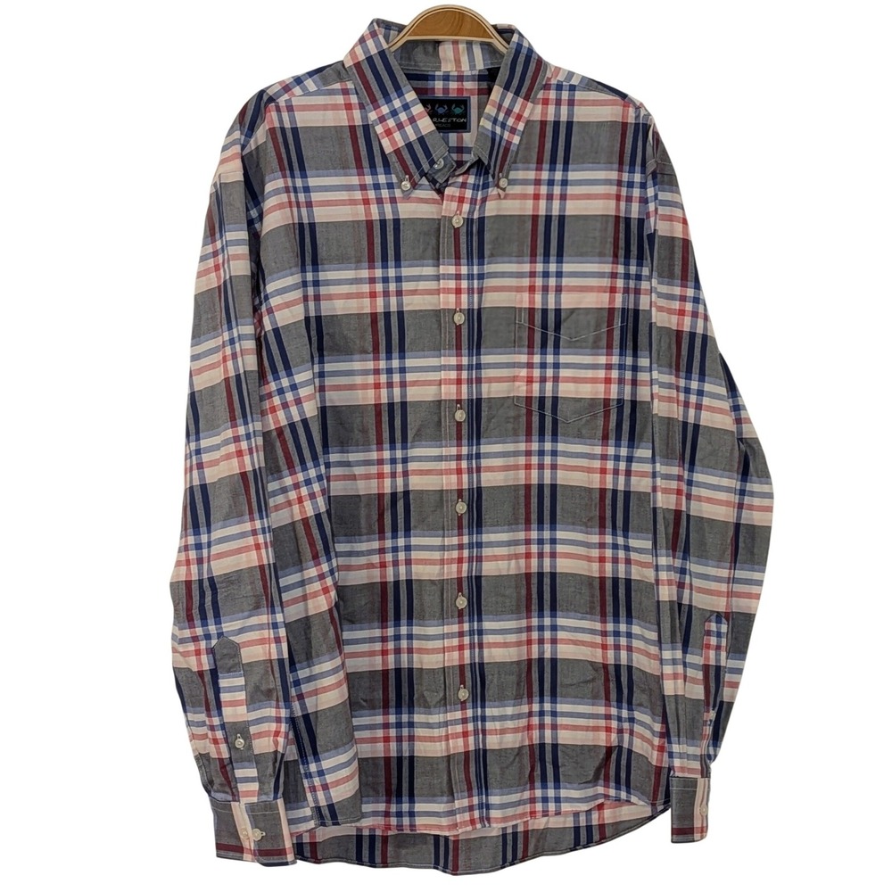 Charleston Threads Mens XL Plaid Button Down Shirt Cotton Blue Red Grey NWOT